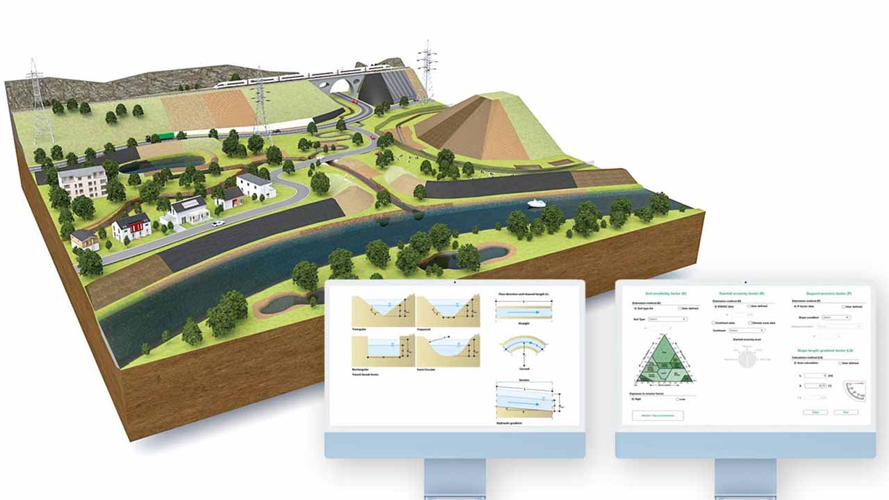 Two screens showing the Naue Erosion Control Software. In the background a model of a hilly landscape.