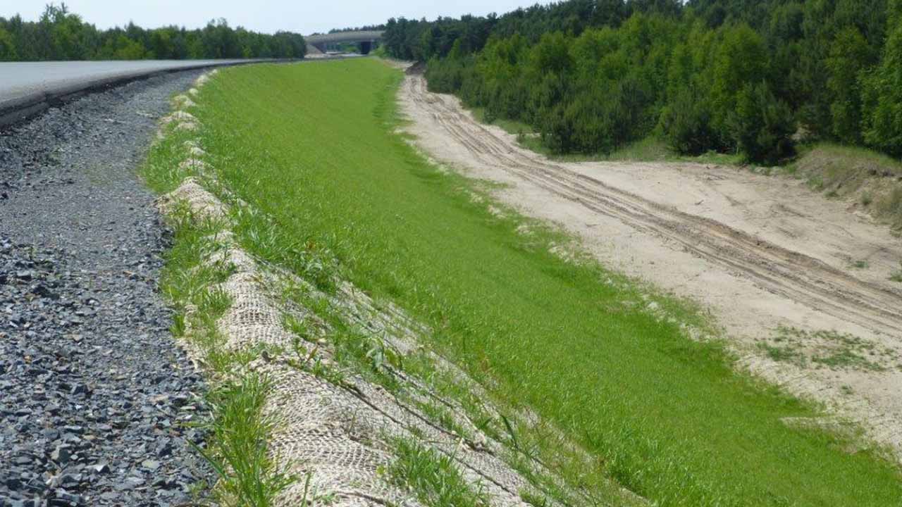 A slope secured against erosion with Secumat® Green and grass growing on it.