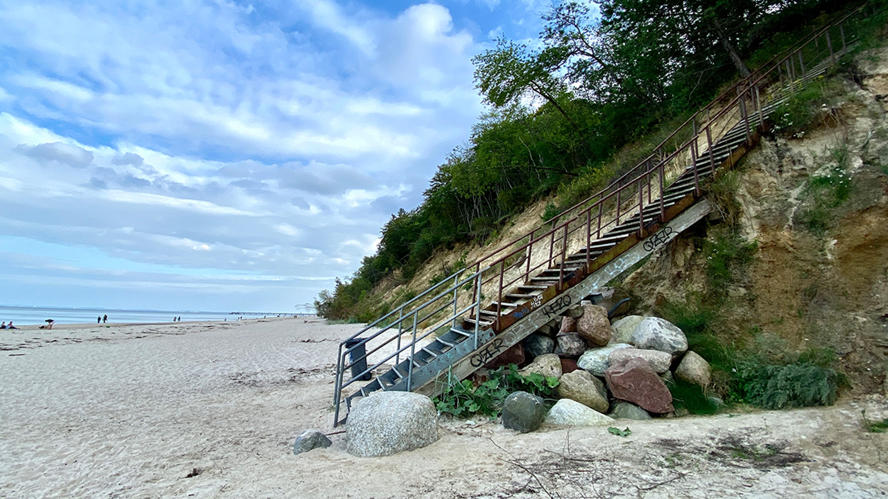 Photo of a coast at the Great Lakes showing a beach and slope.