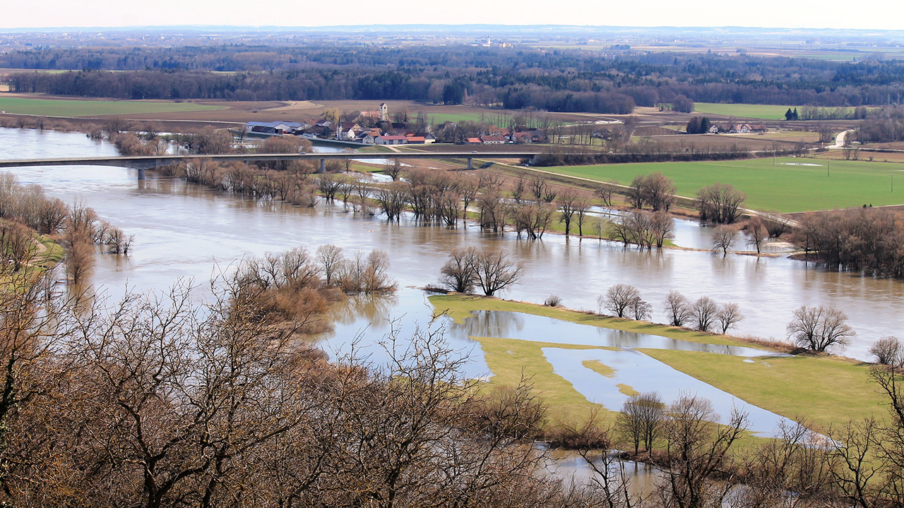 Aerial view of a flooded region.
