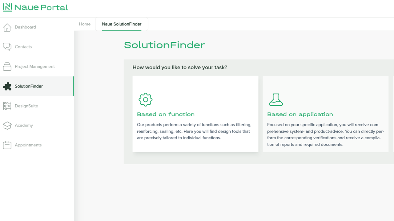 Screen view of the Naue SolutionFinder.